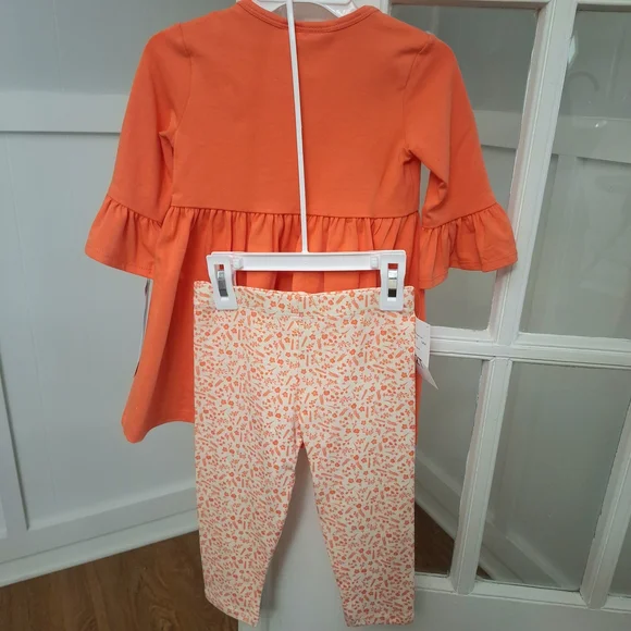 Bonnie Jean Orange Pumpkin Tunic with Cream Bows & Printed Leggings - Picture 3 of 9